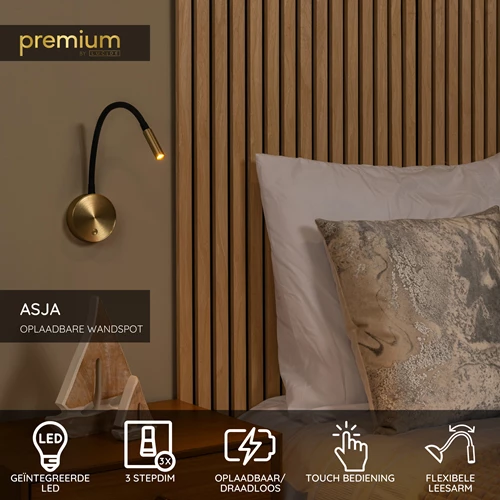 Lucide ASJA - Oplaadbare Wandspot / Wandlamp - Accu/Batterij - LED 3 StepDim - 1x3W 2700K - Mat Goud / Messing | Premium - USP